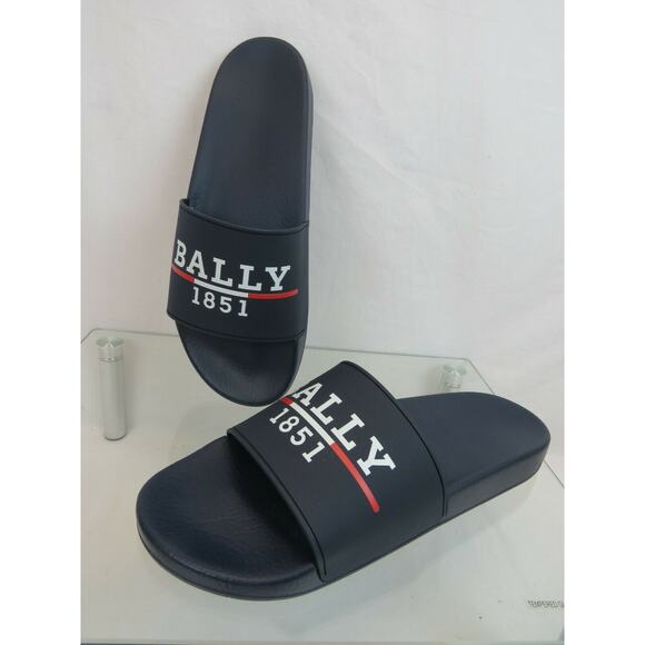 NIB BALLY SAMUEL INK NAVY RUBBER WHITE LETTERING LOGO SANDALS SLIDES 9 D ITALY main image 7